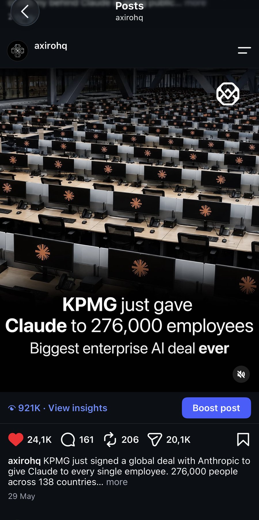 Axirohq post, KPMG just gave Claude to 276,000 employees, 921K views